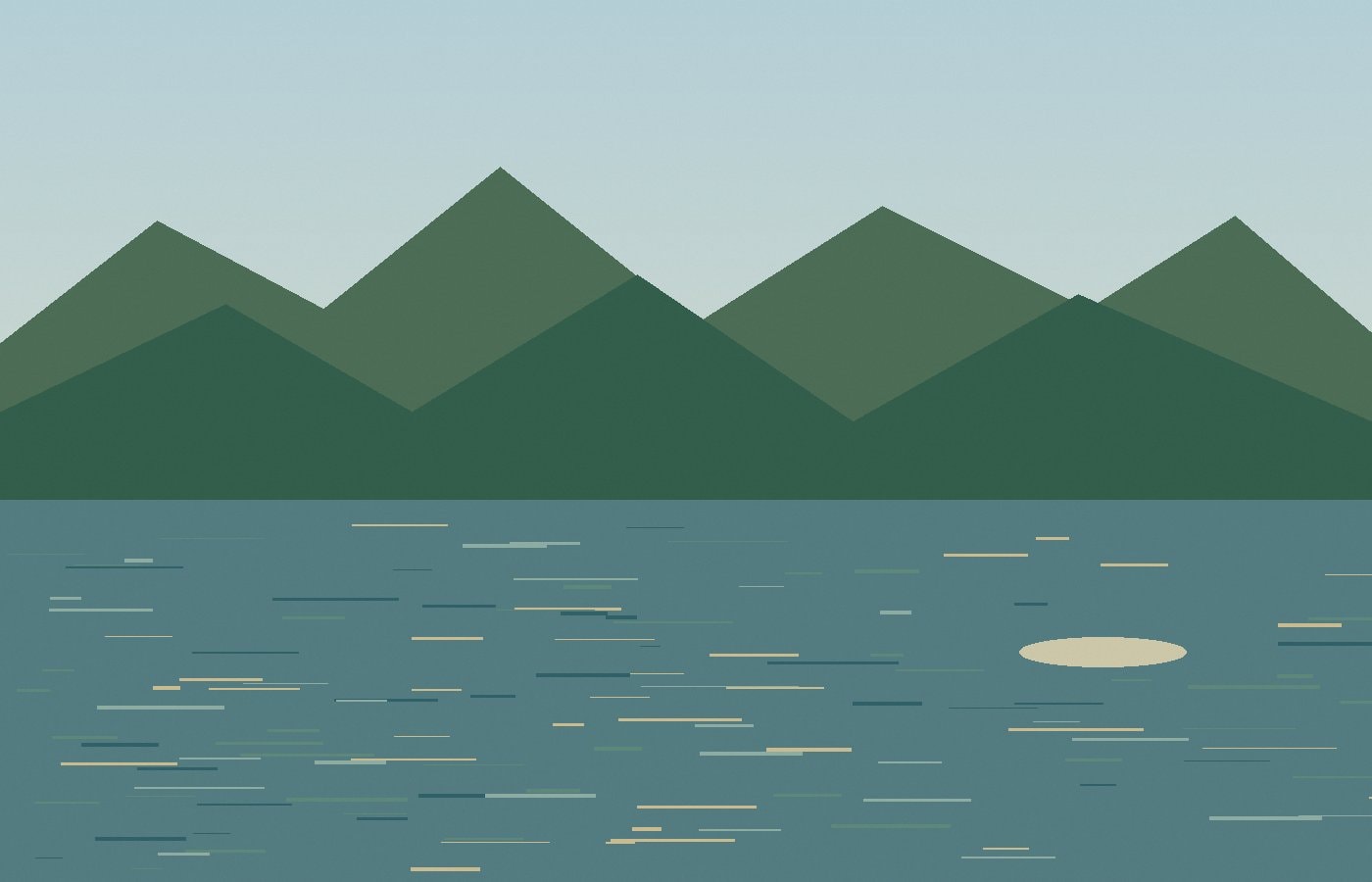 初夏の木々と丘を映す静かな池の風景